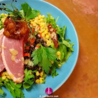 Geräucherte Entenbrust auf Linsensalat mit Aprikosen-Tomaten-Chutney