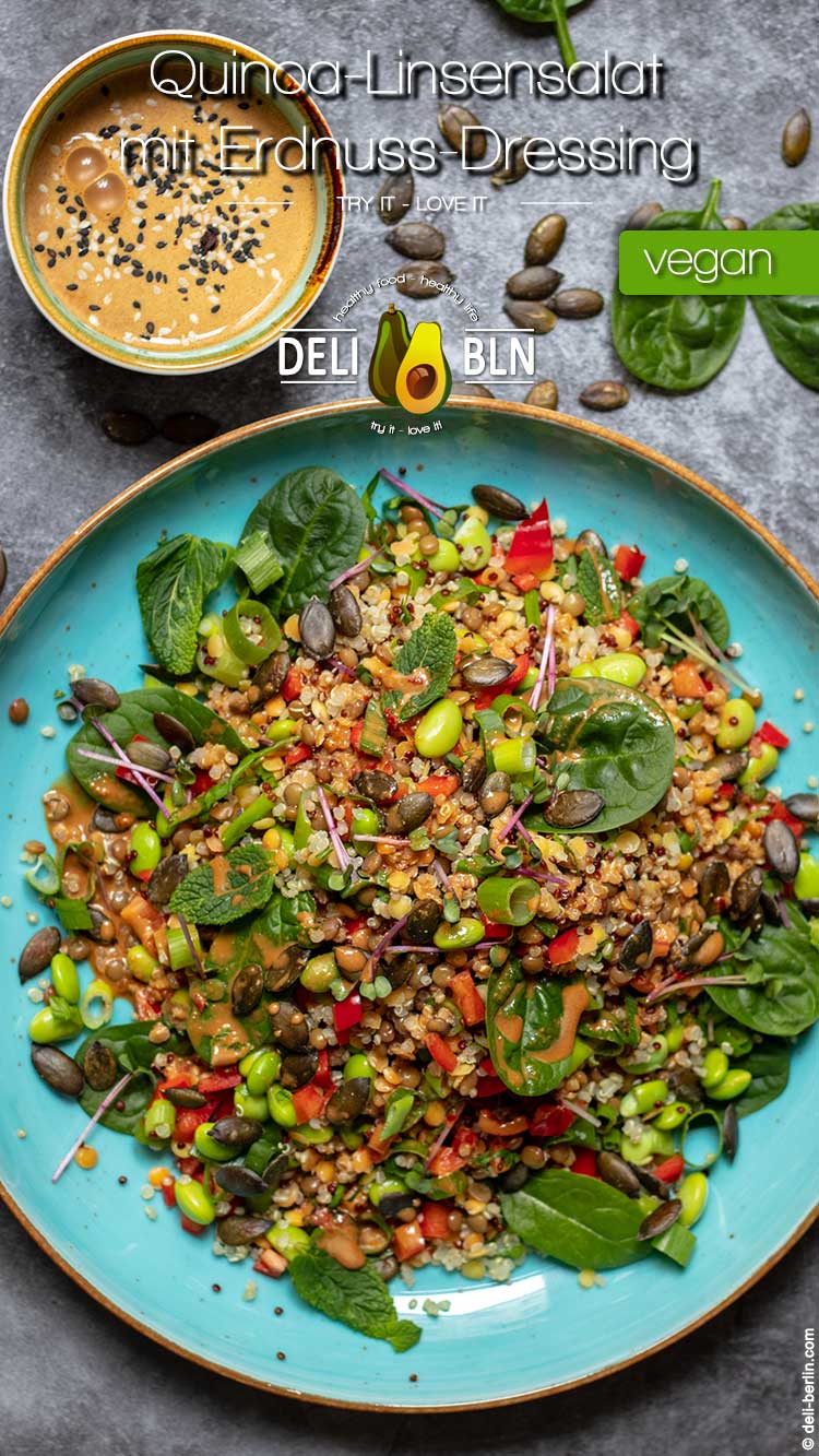 Quinoa-Linsen-Salat mit Erdnuss-Dressing