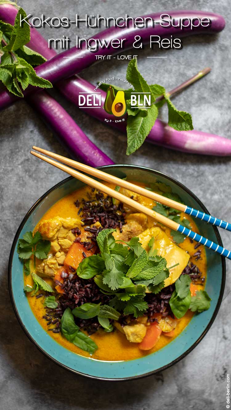 Kokos-Hühnchen-Suppe mit Ingwer und Reis