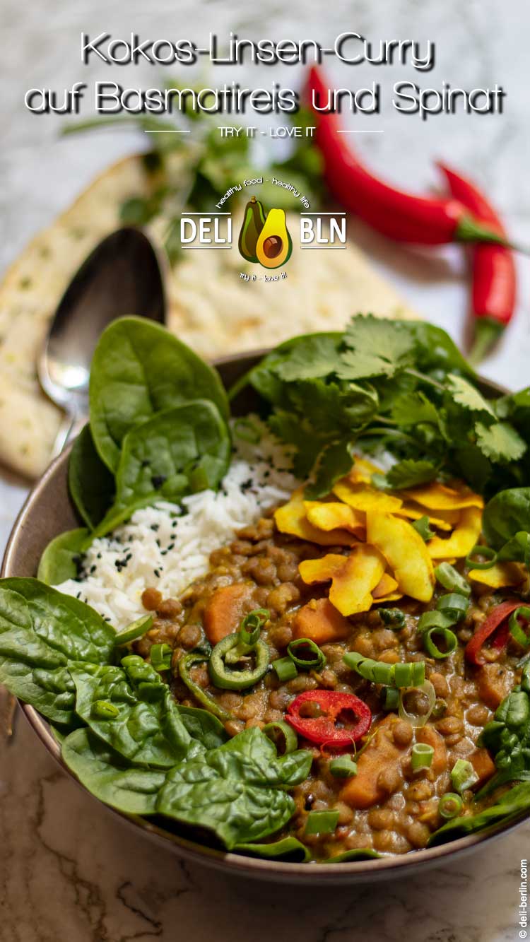 Kokos-Linsen-Curry auf Reis und Babyspinat